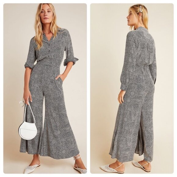 NWT ANTHROPOLOGIE Loveland Black White Dotted Wide Leg Flowy Jumpsuit Size 8P